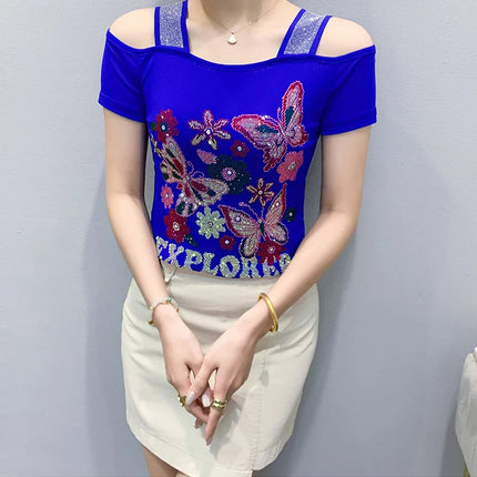 Summer Streetwear Fashion Women's T-shirt Luxury Design Butterfly Hot Diamonds Tee Sexy Off Shoulder Girls Tops European Clothes