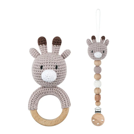 Baby Rattle Crochet Bear Teether Rattle With Bells Pacifier Chain Newborn Montessori Educational Toy Wooden Rings Baby Toys