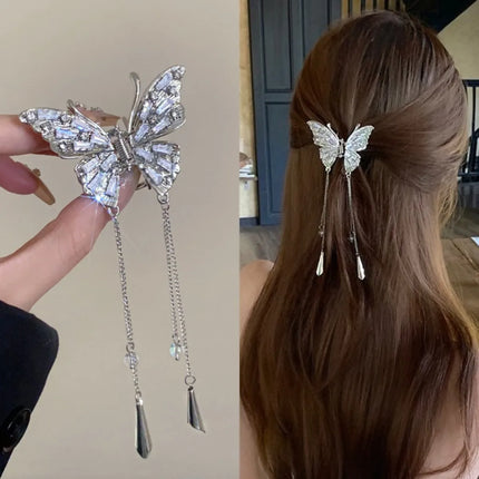 Shiny Rhinestones Butterfly Hair Claw Clips for Women Girl Vintage Long Chain Tassel Claw Clip New Chinese Style Accessories M1