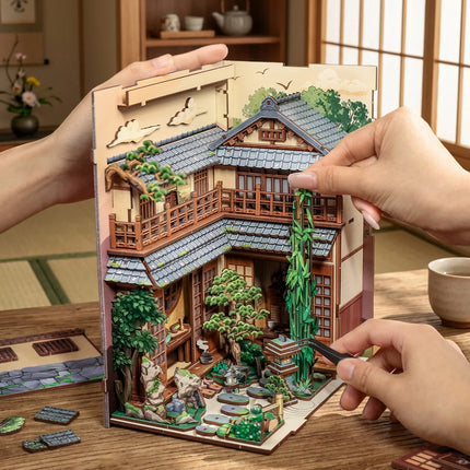 CUTEBEE Bookstore Model Miniature House DIY 3D Wooden Puzzle Bookshelf Insert Serene Courtyard with Dust Cover for Room Decor