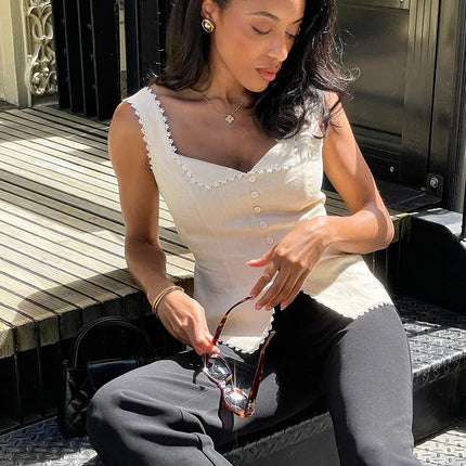 Linad Vintage Khaki Lace Spaghetti Strap Vest 2026 Elegant Square Collar Single Breasted Camis Street Chic Sleeveless Top Female