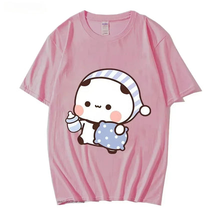 Couple T-shirt Cute BuBu Panda Going to Sleep with DuDu Bear Graphic T-shirt Women Clothes Sleeve Tops Women's Clothing