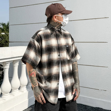 Chicano Style Plaid Short Sleeve Shirts Mens Summer Letter Embroidery Pocket Lapel Half-Sleeve Checked Shirt Men