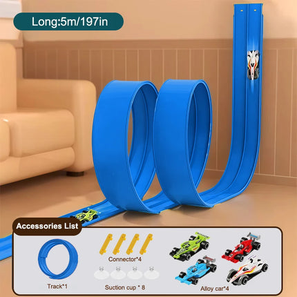 Kids' Flexible 13ft & 16ft Racing Track Kit with Suction Attachments and 4 Petite Racecars