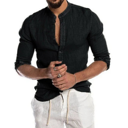 Men's casual long sleeve stand collar solid color shirt