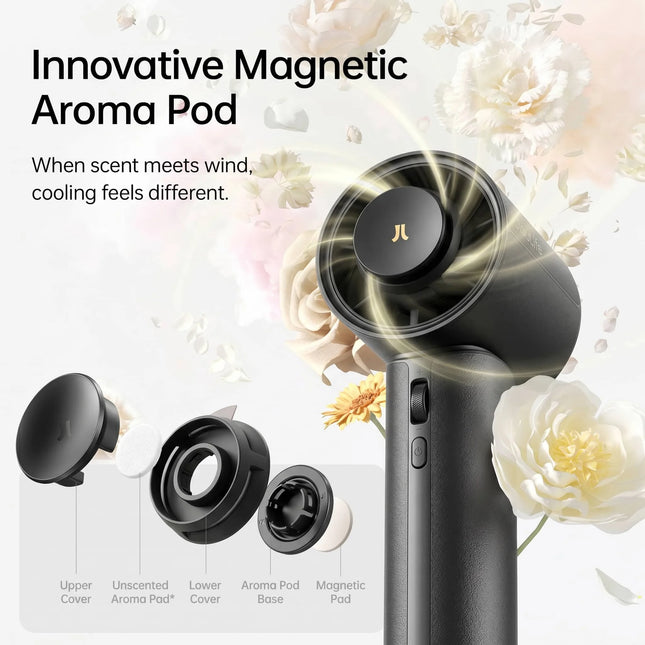 JISULIFE Portable Handheld Fan Pro1 Mini Refined Utility, Elite PU Leather, 30 Hour Cooling Power, Aroma Pod, 100-Speed Precision