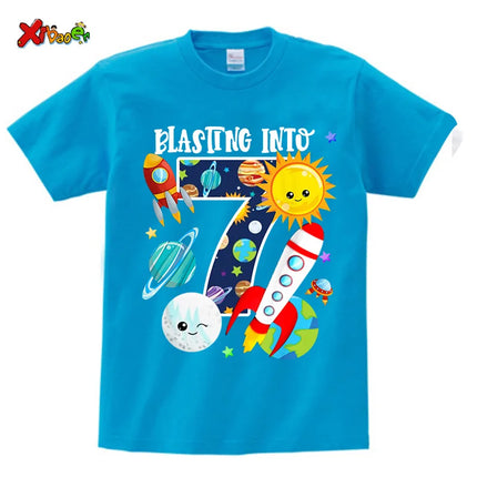 Boys Outer Space Birthday Shirts Girl Custom Outfit Rocket Children's Summer Cotton Top Clothing Set Clothes Children Clothing