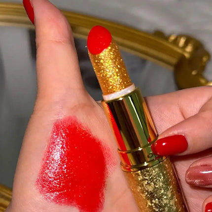 Golden Sparkling Lipstick Moisturizing Glitter Shine, Long Lasting Tomato Red Lip Gloss Makeup Cosmetics