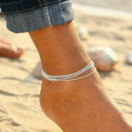 Silver Color Crystal Zircon 3 Rows Beads Anklet for Women New Fashion Chain Multilayer Rhinestones Foot Crystal Jewelry
