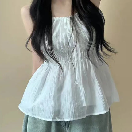 Sexy Summer Design D-string Strap Folded Waist Slimming Women's Casual Sexy Vest Top with Belt Polyester Fiber Thin Model
