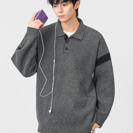 Autumn Winter Polo-Style Colour-Block Knit Sweater Men Effortlessly Stylish Relaxed Fit Loose Collar Top Warm Cosy