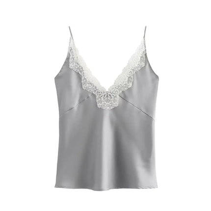 Women Lace Trim Satin Tank Top Sexy Solid V Neck Silk Camisole Top Summer Fashion Asymmetrical Backless Spaghetti Strap Camisole