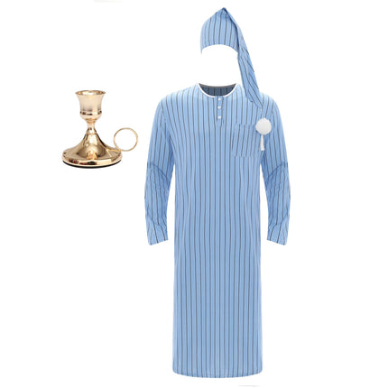 Men Pajama Set Long Sleeve Striped Soft Loose Sleep Robe Nightgown with Sleeping Cap Candlestick for Christmas Eve Halloween