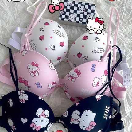 New Sanrio Kawaii Anime Hello Kitty Sweet Cute Cartoon Strapless Underwear Bra Small Breast Girls Bra Set Gift Wholesale