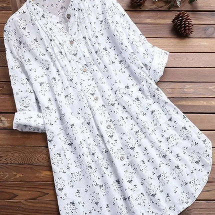 Women's Plus-size Shirt White Long Flower Decorated Lapel Button Up Top for Travel Wear