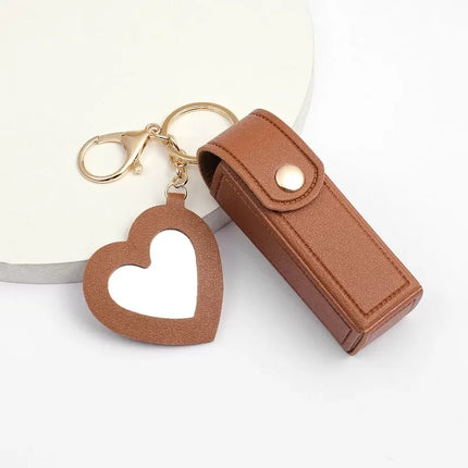 Laser Custom LOGO Portable Leather Lipstick Bag Keychain Personalize Holder Makeup Pouch Lip Balm Protective Cover with Mirror