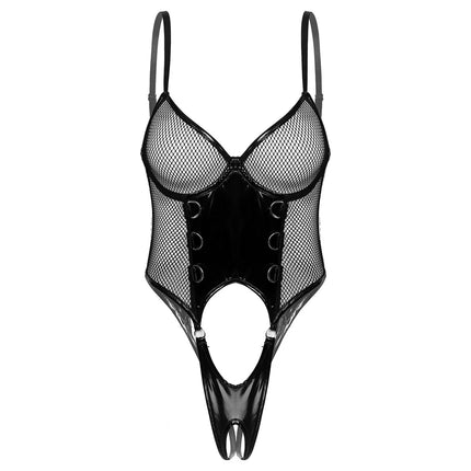 Women Bodysuit Sleek and Sensuous Faux Leather Mesh Jumpsuits for Women Lingerie Sleepwear and Nightwear in Black