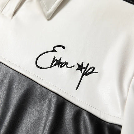 Splice Color Stripe Pu Leather Lapel Collar T Shirt Black Purple Red Polo Shirt Men Women High Quality Casual Short Sleeve Tops