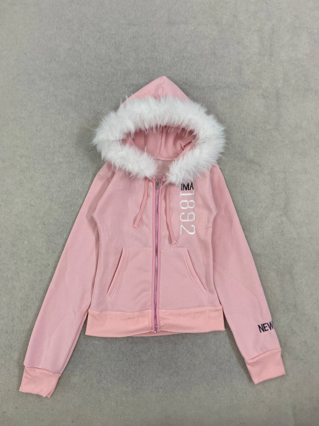 Winter Retro Pink Fur Hoodie Women's Y2K Harajuku Artificial Fur Collar Jacket Fashion Slimming Belt Hot Girl Sportswear