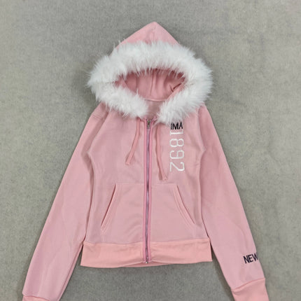 Winter Retro Pink Fur Hoodie Women's Y2K Harajuku Artificial Fur Collar Jacket Fashion Slimming Belt Hot Girl Sportswear