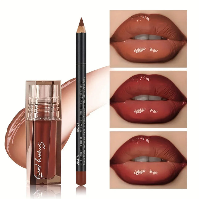 Lip Gloss + Lip Liner Set 2PCS, 3D Precision Lip Contour, Hydrating High Shine, Waterproof Longwear, Gift for Women