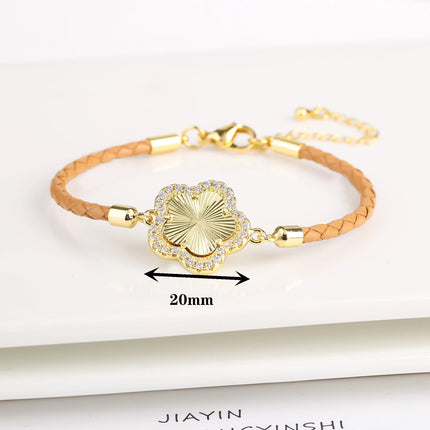 Classic Genuine Leather Woven Natural Stone Five Leaf Flower Charm Bracelet Fashion for Women Girls Party Wedding Jewelry Gift
