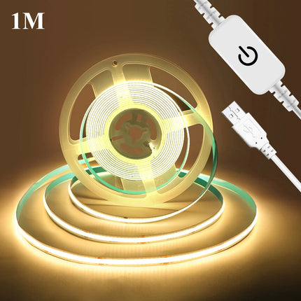 1-5M USB Power COB LED Strip Light Touch Switch Dimmable For Indoor Lighting Living Room Bedroom Wardrobe TV Background Kitchen