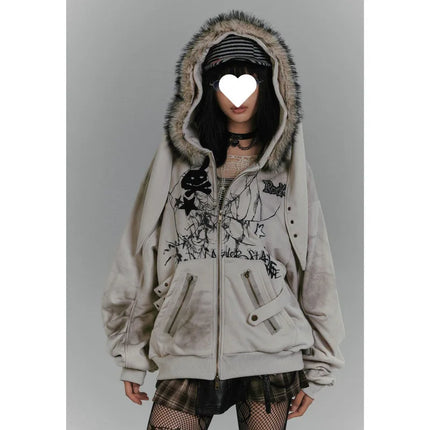 American retro fur collar rabbit ear hooded sweater jacket gray Y2K printed fleece thickened women's top autumn and winter