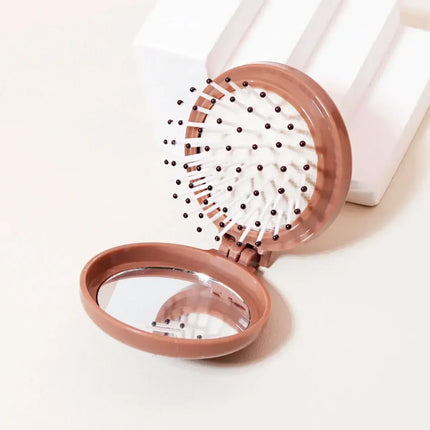 Compact Folding Brush with Mirror, Portable Anti-static for Travel, Ideal Hair Massager for Wigs and Natural Hair