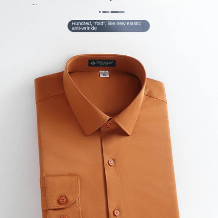 Men's Business Casual Long-Sleeved Shirt, Orange, Non-Ironing, Wrinkle-Resistant, Elastic, Solid Color, New Style