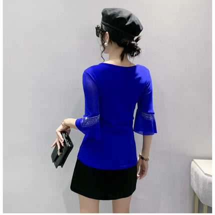 2025 Spring Summer Mesh Tops Korean Fashion Diamond T Shirt Slim 3/4 Sleeve Hollow Out Casual Women Shirt