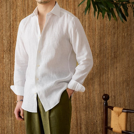 Mr. Lu San Men's White 100% Linen Italian-Style Eight-Collar Long-Sleeved Casual Shirt Breathable Light Luxury for Commuting