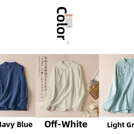 Retro Artistic Women's Long Sleeve Cotton Linen Loose Slim Fit Shirt Stand Collar Side Button Geometric Pattern Elegant Style