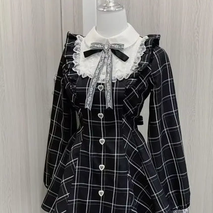 Japanese E-girl Gothic Vintage Dress Women Half High Neck Short Sleeve Bow Lace Mini Dress Cinch Waist Sweet Spicy Black Dress