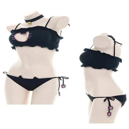 Anime Girl Cute Cat Paw Bikini Swimsuit Costume Summer Beach Girl Mini Lovely Cats Bell Swimwear Uniform Cosplay Black White Nig