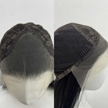 Women's Lace Front Wig Hand Hooked Black with White Highlights Long Straight Heat Resistant Synthetic Lace Wig For Cosplay