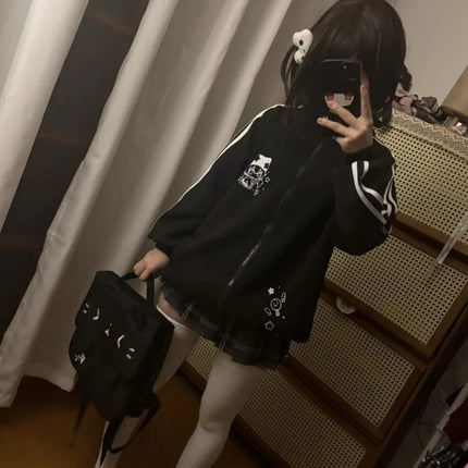 Preppy Style Fashion Cute Japanese Zip Up Cardigan Harajuku Punk Grunge Loose Turn Down Collar Y2k Hoodies Casual Sweatshirts