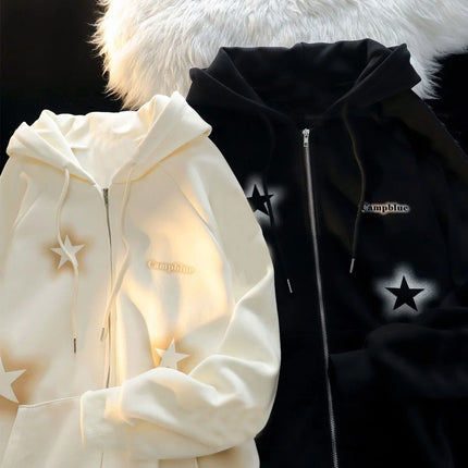 New Retro Graffiti Star Print Hooded Zipper Coat Collection Spring And Autumn Casual Fashion Trends Versatile Lazy Wind