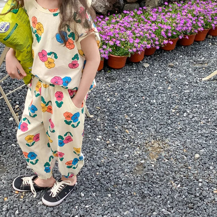 2026 Summer Children Girls 2PCS Clothes Set Cotton Floral Printed Short Sleeve Tees Suits Loose Cropped Pants Kids Girls Outfits