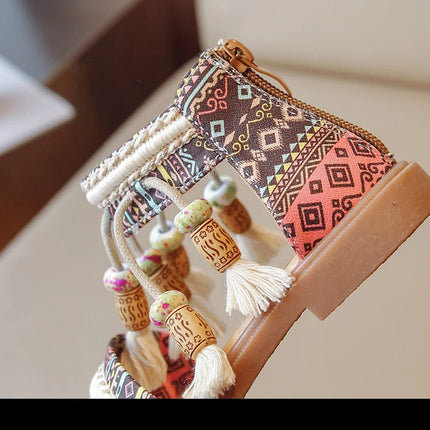 Girls Sandals Ethnic Retro Children Fashion Casual Shoes Tassels 2024 Back Zipper Summer New Sandals Kids Pattern GLADIATOR Cute