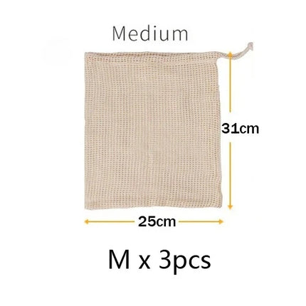 3pcs Reusable Cotton Mesh Produce Shopping Bags Washable Eco Premium Net mesh Bags for Veggie Fruit Vegetable Grocery Storage