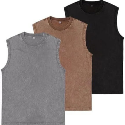 230g Pure Cotton European and American High Street Retro Washed Distressed Sleeveless Vest Men's Casual Loose Shoulder T-shirt