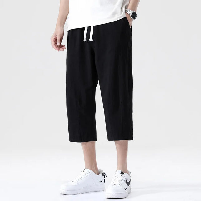 Summer Men's Casual Shorts Cotton Blended Long Elastic Waist Loose Pocket Drawstring 3/4 Length Shorts Daily Street Wear