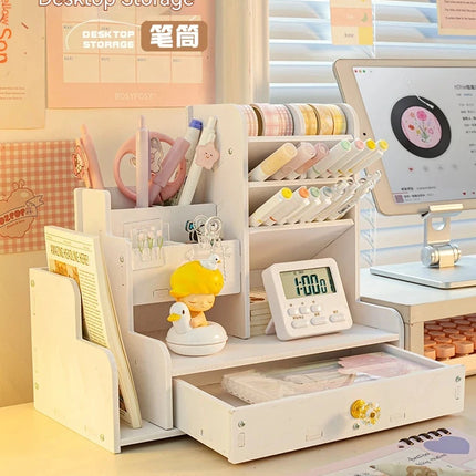 Mark Pen Pencil Holder Wooden Desk Organizers Shelves Accessories Desktop Stationery Organizer Bookshelf Home Office Storage Box