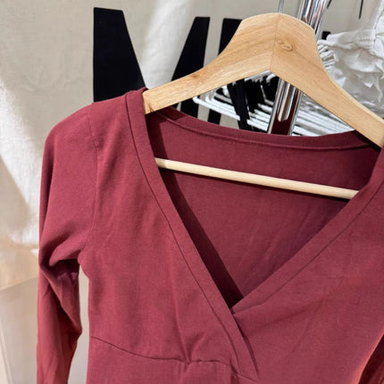 Burgundy Long Sleeve T-shirts Woman Autumn V-neck Cotton Slim Crop Top Casual Simple Solid All-match Basic Tshirts Y2k