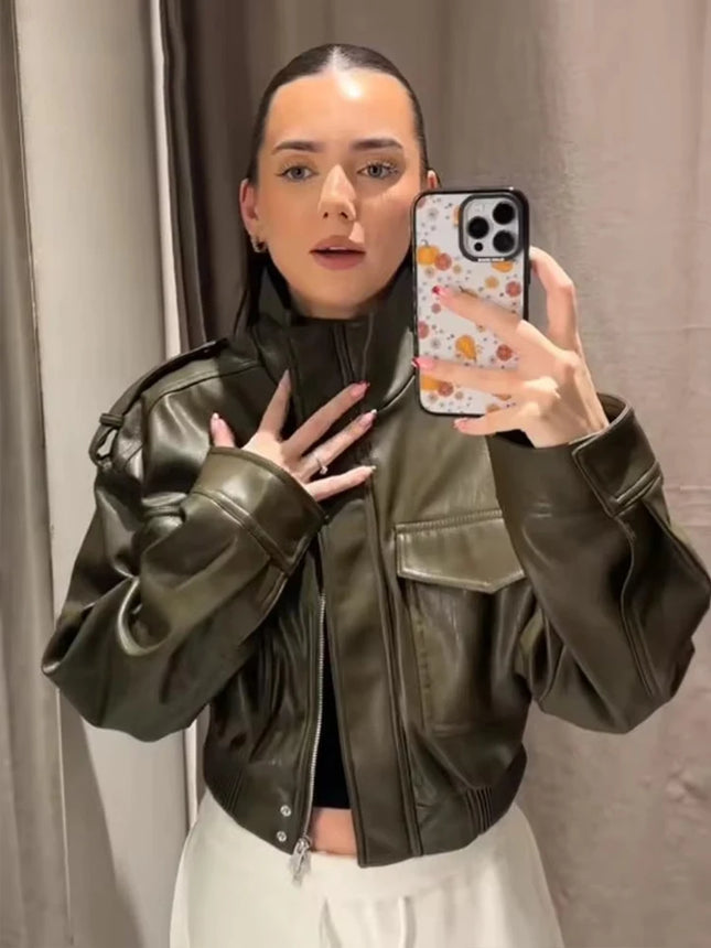 Chic Fashion Faux Leather Jackets for Women Loose Zipper Long Sleeve Female Short Coats 2026 Autumn Lady Casual New Outerwear