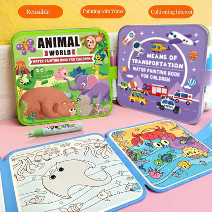 Foldable Water Painting Book For Kids, Reusable Magic Doodle Coloring Pad With Pen, Educational Animal & Sea World Drawing Book
