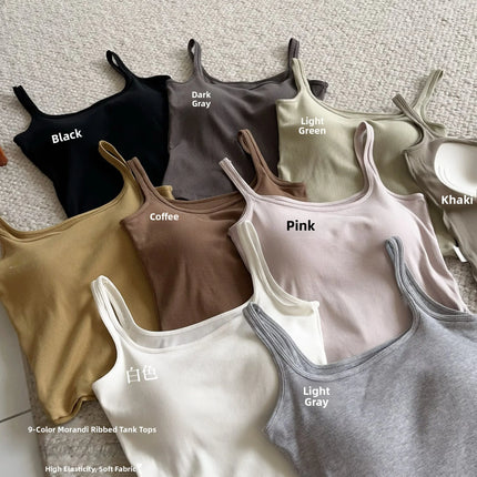 Women's Vest with Built-in Bra Pad Elastic Ribbed Square Collar Csole Tank Top ort Length  Color Versatile Summer F...
