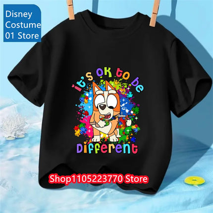 Bluey Themed Kids T-Shirt Boys Girls Autumn Winter Cartoon Graphic Short Sleeve Tee Daily Wear Top