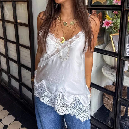 Women Lace Trim Satin Tank Top Sexy Solid V Neck Silk Camisole Top Summer Fashion Asymmetrical Backless Spaghetti Strap Camisole